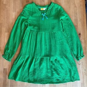BODEN Girls Green Cotton Double Cloth Gauze Tiered Dress Bow Long Sleeve 13-14Y
